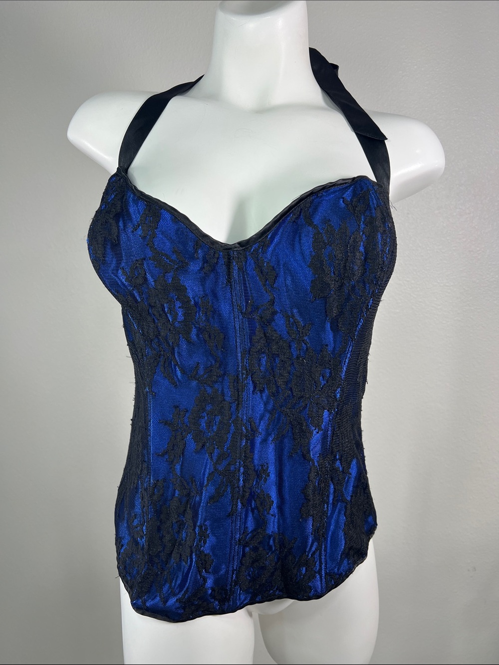 Frederick's of Hollywood Blue and Black Lace Halter Corset Top XL